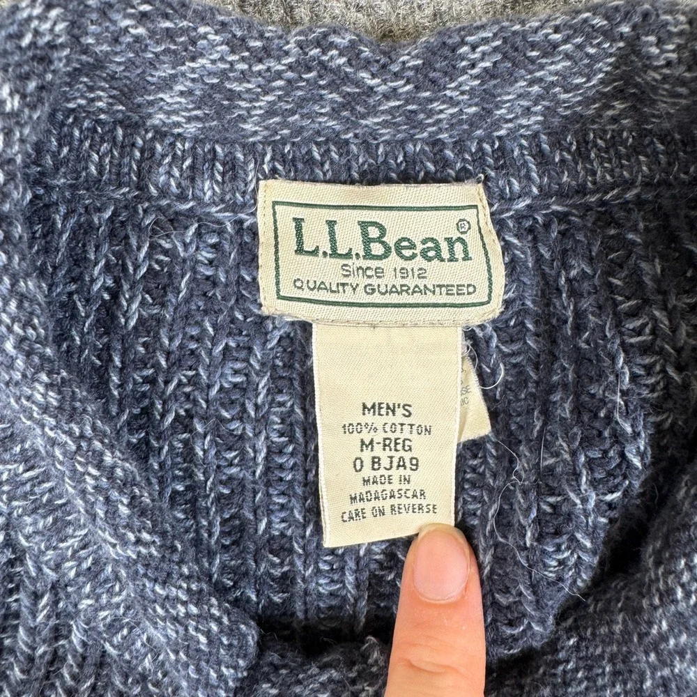 LL Bean Mens Henley Sweater Blue Marled Cotton Knit Pullover 0BJA9 Medium Reg